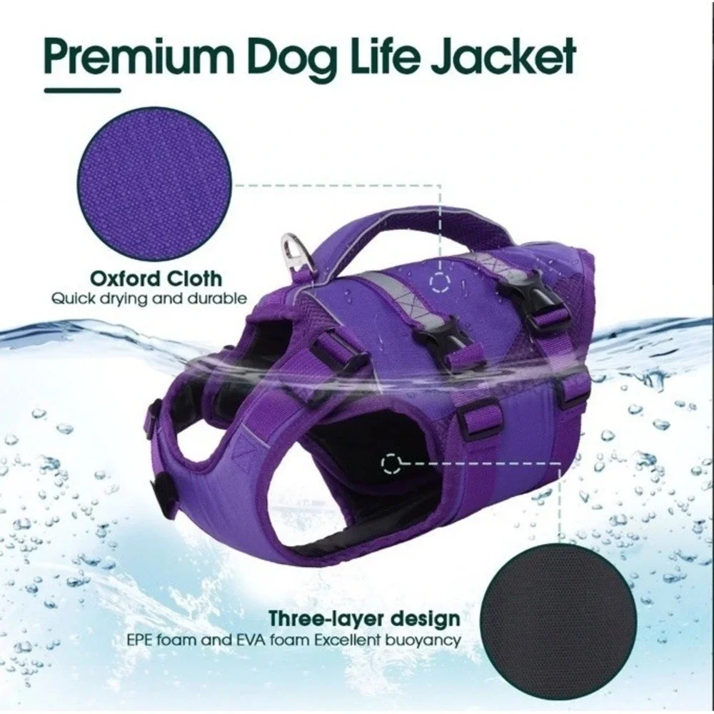 Kuoser Dog Swimming Life Jacket Reflective Stripes Adjustable Ripstop Purple 2XL
